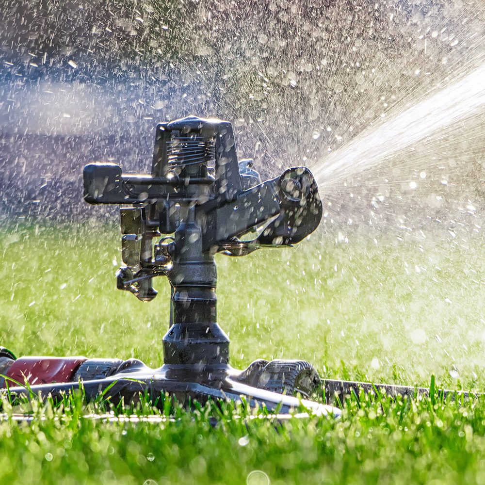Automatic sprinkler system watering the lawn. close-up. Green grass background.